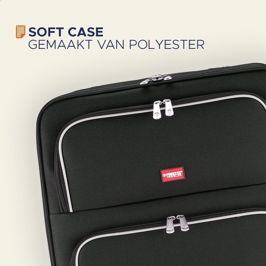Detail van een zwarte polyester reiskoffer met witte bies en een Princess Traveller logo.