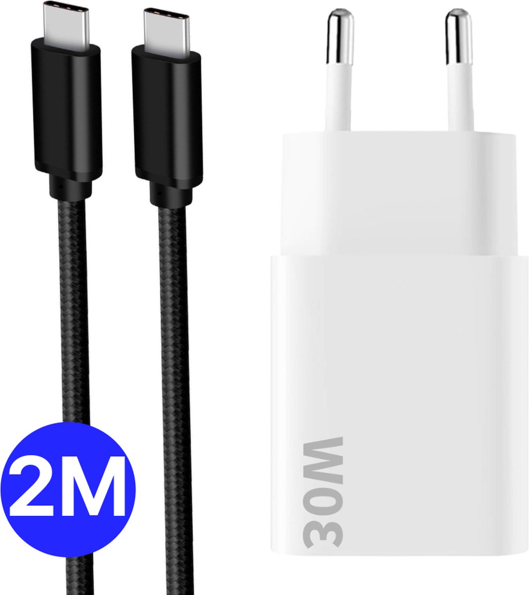 30W Snellader USB C + USB-C naar USBC Kabel - 2 Meter - Stekker Oplader Adapter USB C