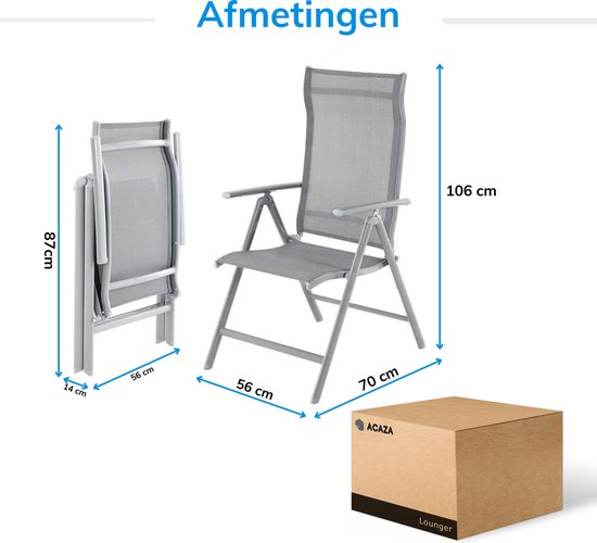 ACAZA Tuinstoel - Strandstoel - Vouwstoel voor Terras/Tuin/Camping - Opbouwbaar - Klapstoel - Campingstoel - Verstelbare Rugleuning - 150KG Draagvermogen - Lichtgrijs van ACAZA — afbeelding 2