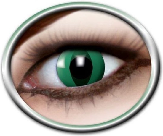 Groene en zwarte slang-kleurlens met een zwarte pupil en groene iris, zichtbaar op een oog.