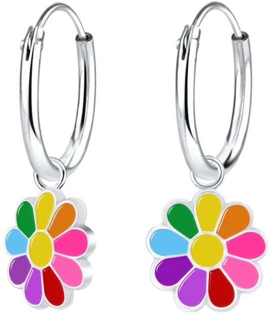 Joy|S - Zilveren madeliefje bloem bedel oorbellen - oorringen - multicolor