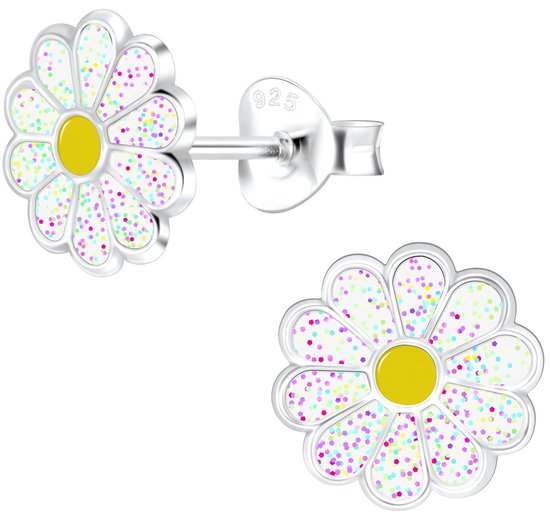 Joy|S - Zilveren Madelief bloem oorbellen - 8 mm - wit glitter met geel