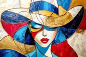 JJ-Art (Toile) 150x100 | Femme au chapeau, portrait, cubisme, coloré, abstrait, art | humain, visage, bleu, or, rouge, moderne | Impression sur toile Photo-Painting (décoration murale)