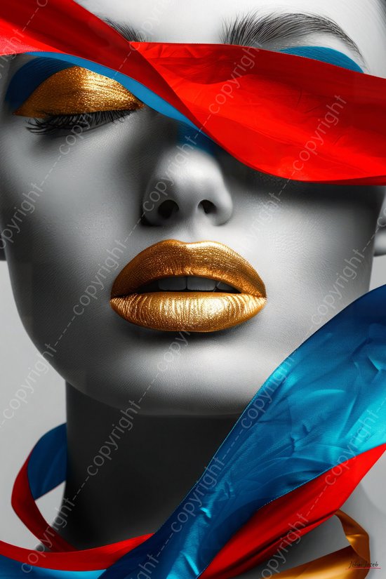JJ-Art (Glas) 60x40 | Vrouw gezicht met linten in goud, blauw, rood, grijs, kunst | mens, portret, lippen, modern | Foto-schilderij-glasschilderij-acrylglas-acrylaat-wanddecoratie
