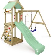 WICKEY speeltoestel klimtoestel FreeFlyer met schommel en pastelgroene glijbaan, outdoor speeltoestel voor kinderen met zandbak, ladder en speelaccessoires voor de tuin