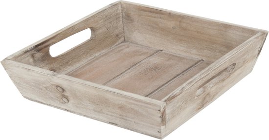 Rustiek bruin houten dienblad met handgrepen en verweerde afwerking. Vierkant, 21 x 21 x 4 cm.