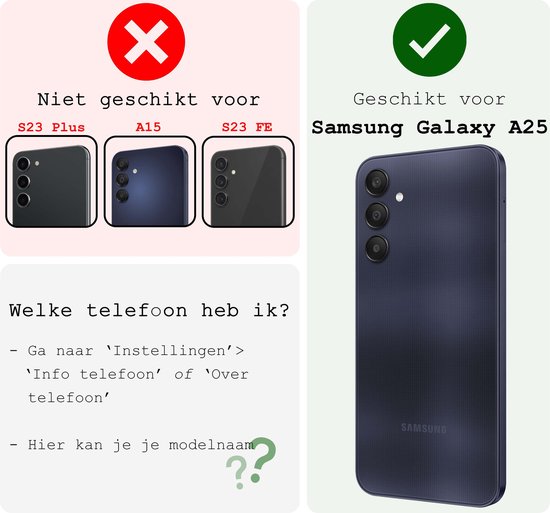 Illustratie toont dat dit hoesje geschikt is voor Samsung Galaxy A25, niet voor S23 Plus, A15, of S23 FE.