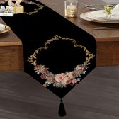 Tafelloper 45x160 - Luxueuze loper met kwastjes - Bedrukt Velvet Textiel - Bloemen op zwart