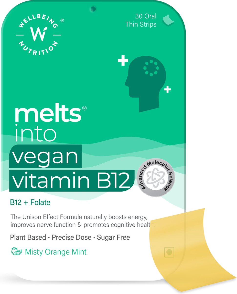 Goedkoopste Vitamine B12 & Foliumzuur - Energie & Cognitieve Gezondheid - Smeltblaadjes (geen capsule & geen water) - Vitaminen en Mineralen Supplement - Snel oplossende orale vegan strips - 30 strips - Misty Sinaasappel Smaak - Wellbeing2day MELTS