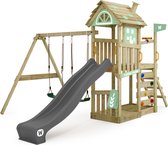 WICKEY speeltoestel klimtoestel FarmFlyer met schommel, pastelgroen zeil & antracietkleurige glijbaan, outdoor klimtoren voor kinderen met zandbak, ladder & speelaccessoires voor de tuin