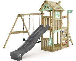 WICKEY speeltoestel klimtoestel FarmFlyer met schommel, pastelgroen zeil & antracietkleurige glijbaan, outdoor klimtoren voor kinderen met zandbak, ladder & speelaccessoires voor de tuin
