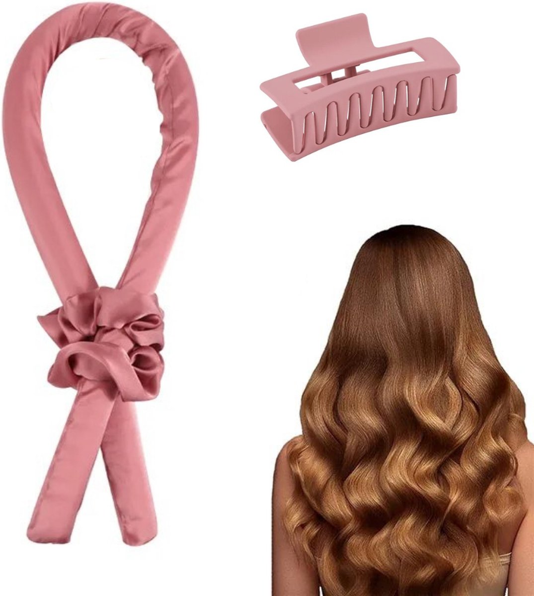 Heatless Curls - Haar Rollers - Krulspelden - Haarkruller - Krul Rollers - Incl. 2 Scrunchies & Haarklem - Satijn - Roze - HobbySter