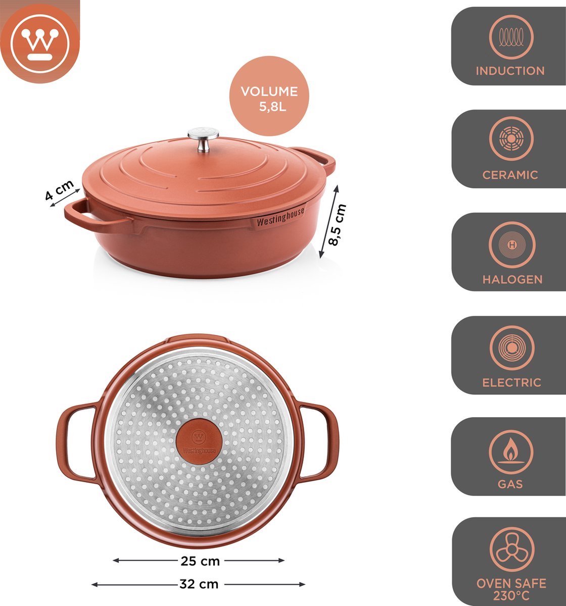 Westinghouse Performance 9-delige Pannenset – Koekenpannen + Braadpannen + Hapjespannen + Wokpan + Grillpan + Steelpan – PFOA-vrij – Inductie – Oranje – foto 8