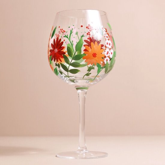 Cocktailglas - Gin Tonic Glas -Handgeschilderd Wildflower Balloon Glas - Gin Glas - Bijzondere Glazen - 10x22 cm