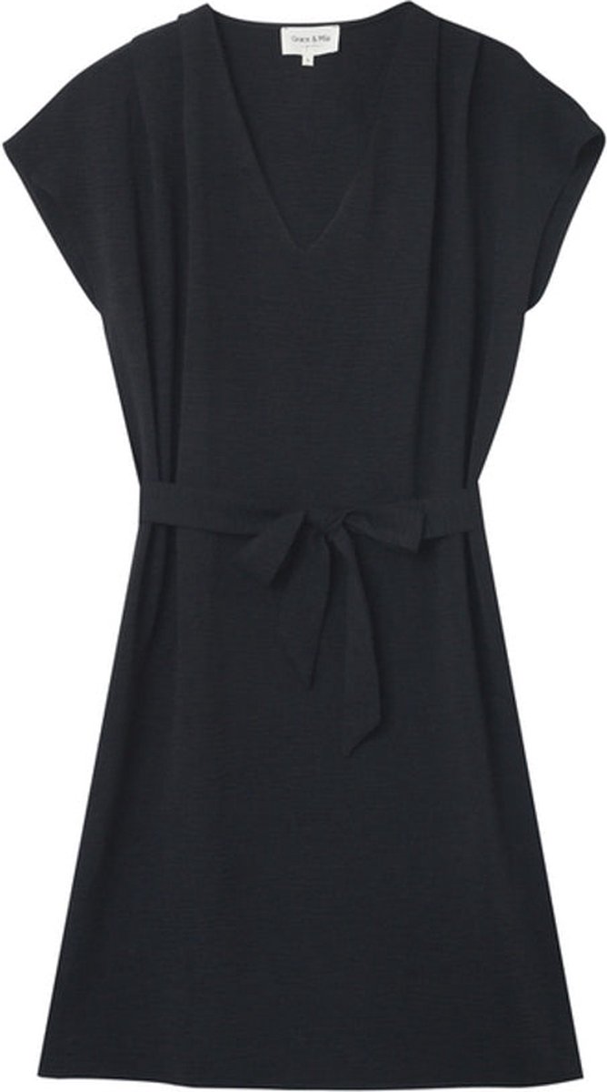Zwarte V-Hals midi-jurk met strikceintuur Marilou - Grace & Mila