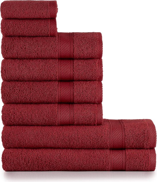 Handdoekenset rood bordeaux 8-delig / 2 badhanddoeken 70x140 + 4 handdoeken 50x90 + 2 gastendoekjes 30x50 - handdoek met hanger 100% katoen absorberend zacht luxe - bordeauxrood