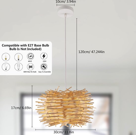 Retro Bamboe Geweven Lamp Landelijke Hanglamp Handgeweven Plafondlamp in Hoogte Verstelbare E27 Hanglamp Gang Slaapkamer Woonkamer Verlichting Hanglamp Eetkamer Decoratieve Lamp,40cm