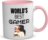 Akyol - world's best gamer koffiemok - theemok - roze - Gamen - gamers - cadeau - gamers - beste - kado - 350 ML inhoud