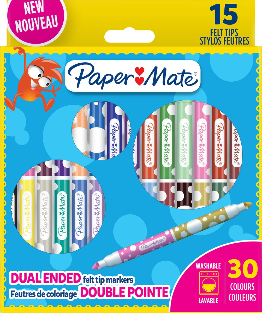 Paper Mate viltstiften voor kinderen | Dubbelzijdig ontwerp | Uitwasbare inkt | Diverse kleuren | 12 viltstiften (24 kleuren)