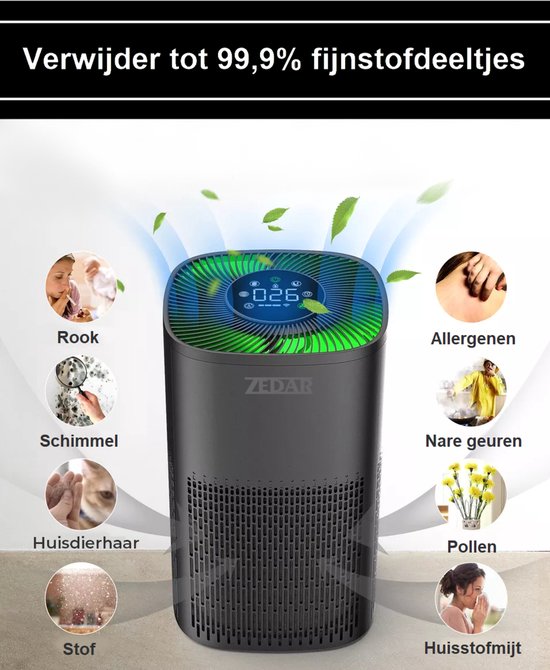 Luchtreiniger / Air Purifier met APP en HEPA 13 filter + koolstoffilter - Werkt tegen huisstofmijt, hooikoorts, allergie, stof, - 210 m³/u - Zedar L600