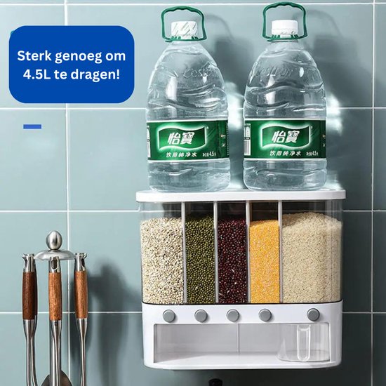 Yas-Goods - Rijst Dispenser - Food Dispenser - Dispenser Cornflakes - Keuken Organiser - 5 Containers Met Bakje - Yas-Goods