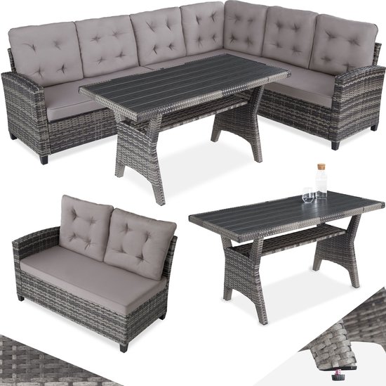 tectake® Wicker zitgroep tuinbank - Loungeset met bank en eettafel - Hoekbank - Buitenlounge - Zithoek - Weerbestendig - Tuin, balkon, wintertuin, terras - Zithoogte 41 cm - Grijs