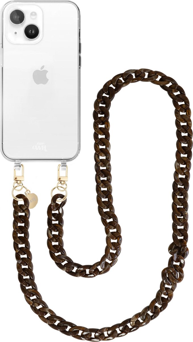 xoxo Wildhearts siliconen hoesje - Geschikt voor iPhone 13 Mini - Brown Chocolate - Telefoonhoesje - Hoesje met koord - Bruin koord - lang telefoonkoord - Transparant hoesje (lange variant)
