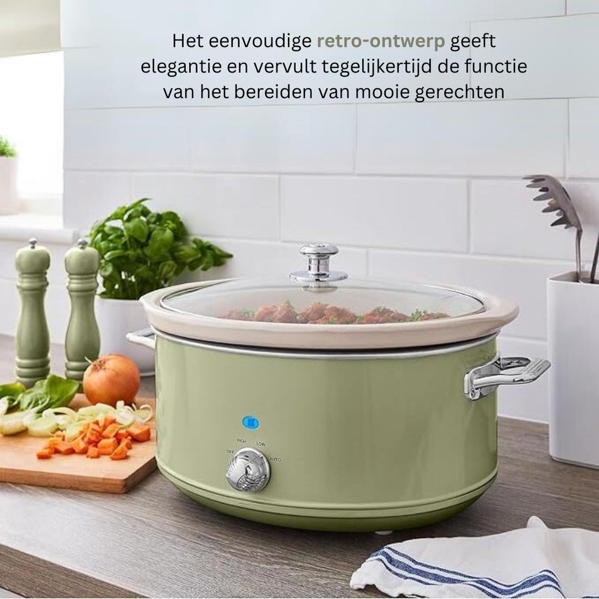 Afbeelding 3 van Slowcooker – Slowcookers Inclusief 3 temperatuurniveaus – Slow Cooker Met Antiaanbaklaag – Multicooker Vintage Design – 6,5 l Capaciteit