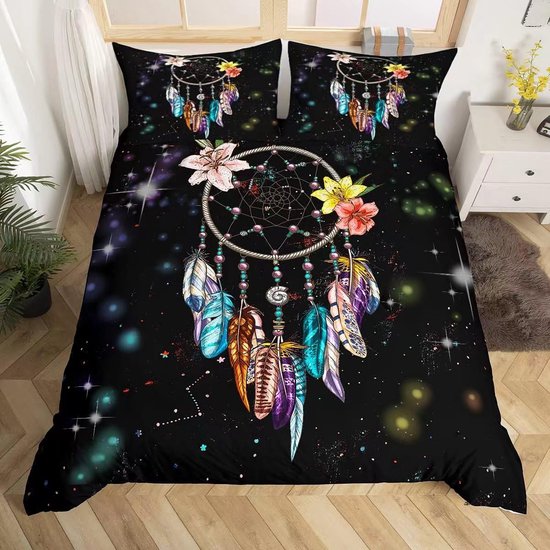 Dreamcatcher beddengoedset, meisjesbeddengoed, 3D-print, dromenvanger, dekbedovertrek met bloemen en veren, Bohemian Style beddengoed, 220 x 240 cm, met 2 kussenslopen van 80 x 80 cm