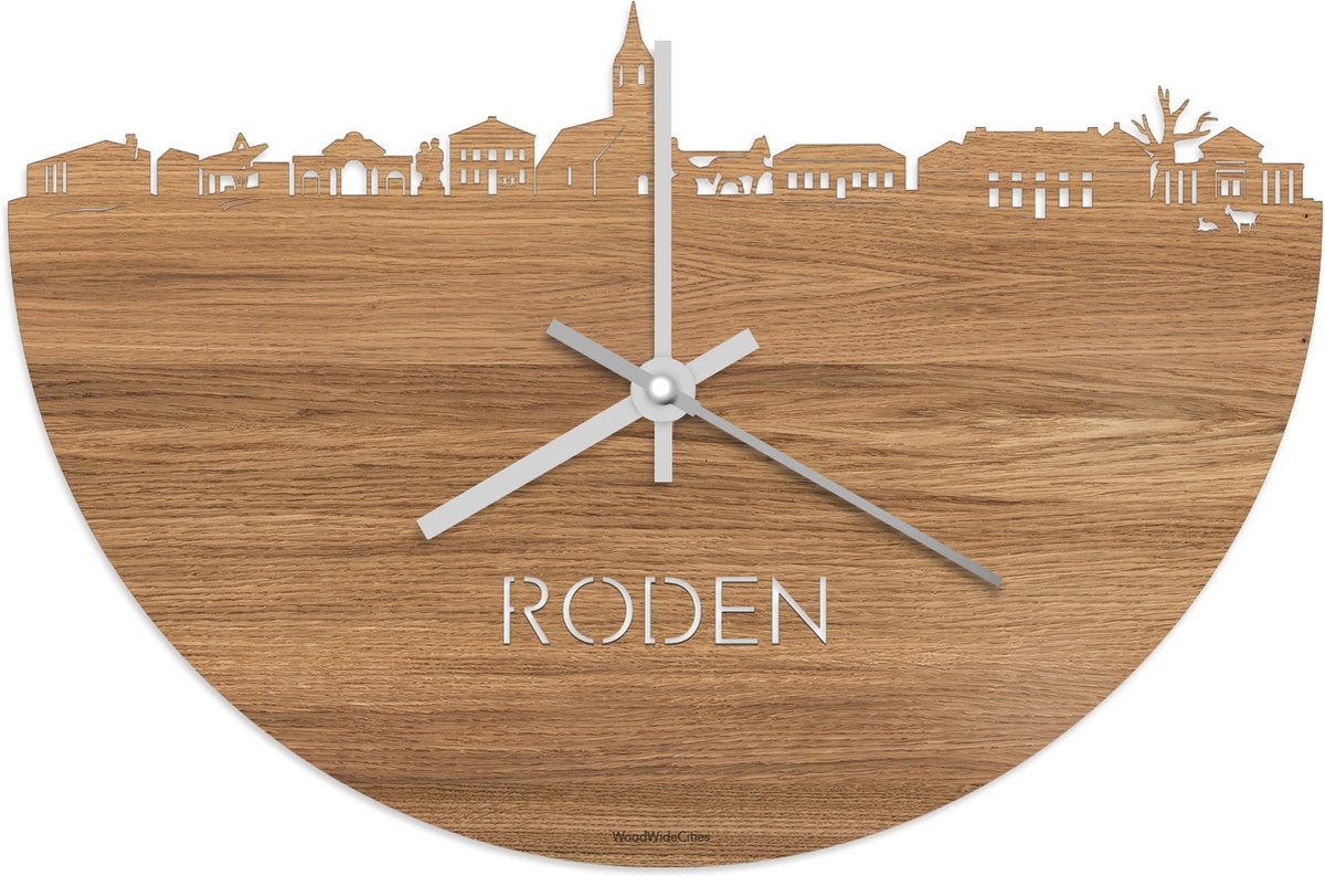 Skyline Klok Roden Eikenhout - Ø 40 cm - Stil uurwerk - Wanddecoratie - Meer steden beschikbaar - Woonkamer idee - Woondecoratie - City Art - Steden kunst - Cadeau voor hem - Cadeau voor haar - Jubileum - Trouwerij - Housewarming - WoodWideCities