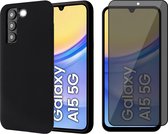 Hoesje geschikt voor Samsung Galaxy A15 - Privacy Screenprotector Volledig Dekkend Glas - Mat Back Case Zwart