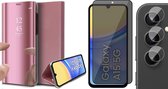 Hoesje geschikt voor Samsung Galaxy A15 - Privacy Screenprotector Volledig Dekkend Glas & Camera - Spiegel Book Case Rosegoud