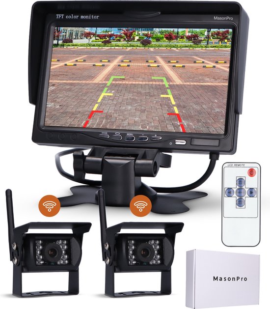 MasonPro Achteruitrijcamera - Draadloze Achteruitrijcamera - Achteruitrijcamera's - Achteruitrij Camera voor Auto, Bus, Camper, Caravan, Vrachtwagen en Landbouw - IP67 Waterdicht - IR Nachtzicht 13m - Complete Set - 7 Inch