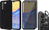 Hoesje geschikt voor Samsung Galaxy A15 - Privacy Screenprotector Volledig Dekkend Glas & Camera Protector - Mat Back Case Zwart