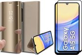 Hoesje geschikt voor Samsung Galaxy A15 - Screenprotector Volledig Dekkend Glas - Spiegel Book Case Goud