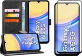 Hoesje geschikt voor Samsung Galaxy A15 - Screenprotector Volledig Dekkend Glas - Portemonnee Book Case Zwart