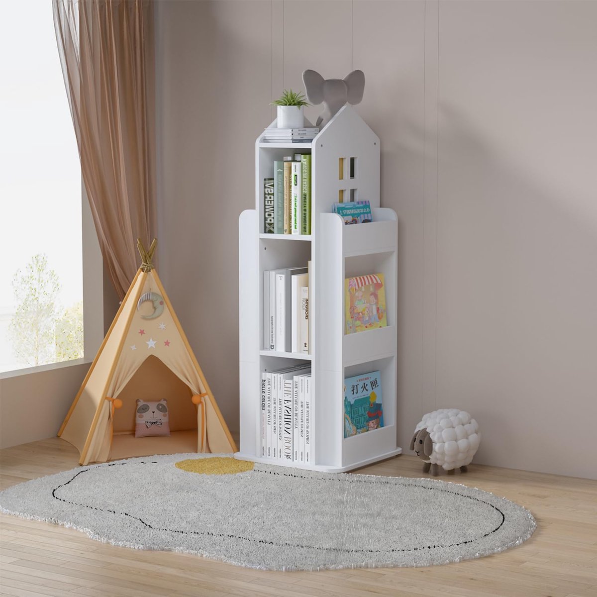 Bibliothèque Rotative, Blanche, 360 Degrés, étagère à Livres Pour Enfants, Bois