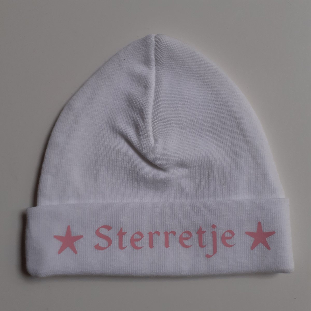 Mutsje met tekst - Sterretje - Funnies - wit / roze - maat 50/56 - Newborn - katoen
