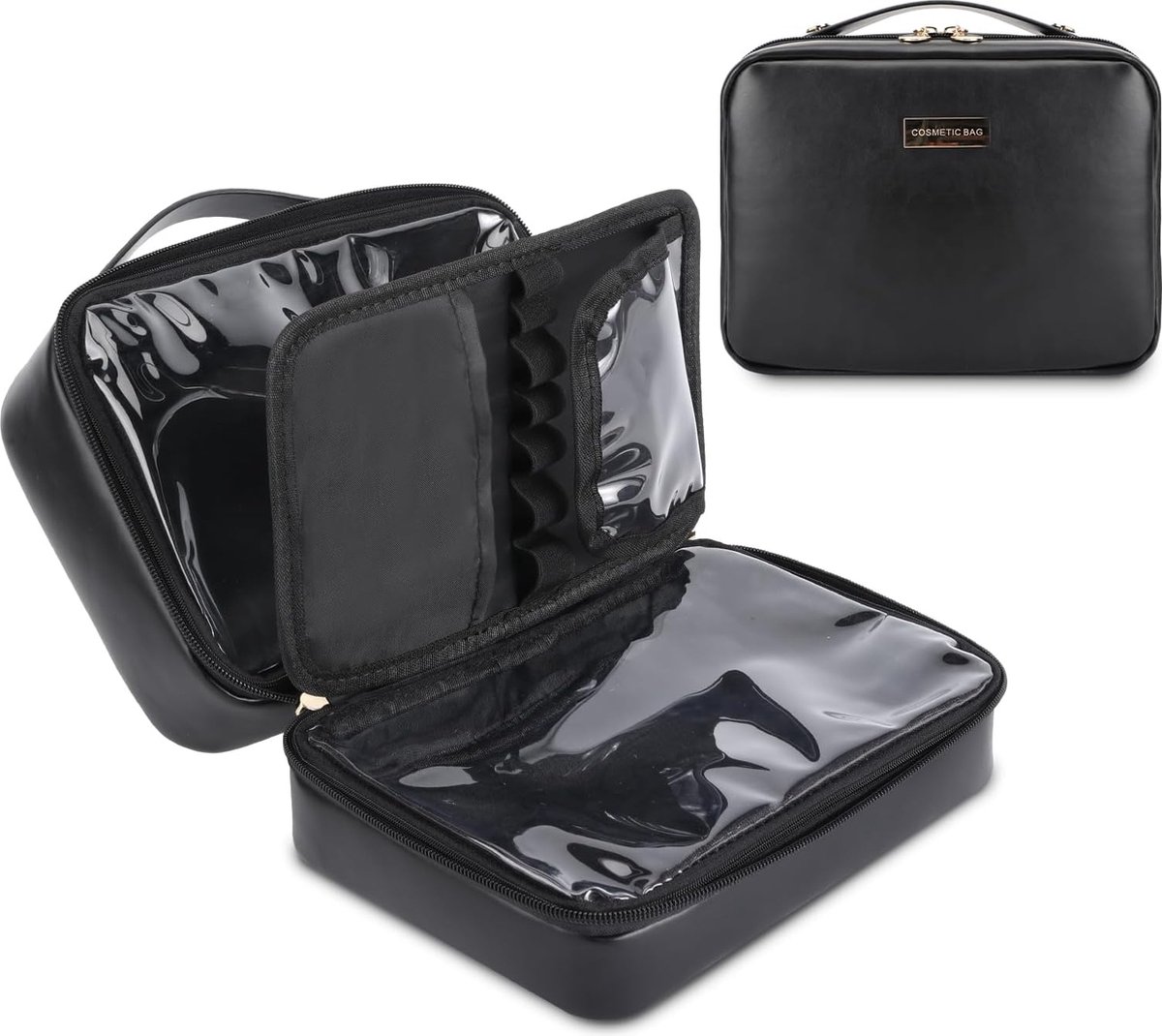 Make-uptas met grote capaciteit voor op reis, PU-lederen waterdichte make-uptas, draagbare make-uptas voor op reis met handvat en vakken, platte organizer/tas voor make-up, Zwart