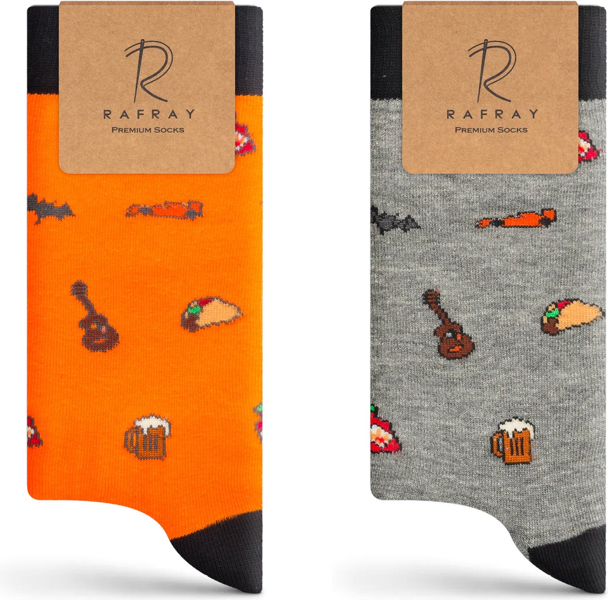 RAFRAY Premium Sokken - Funky Socks - Bier, Gitaar & Taco Design - Grijs & Oranje Sokken in Cadeaubox - Comfortabel & Kleurrijk - 2 paar - Maat 40-44