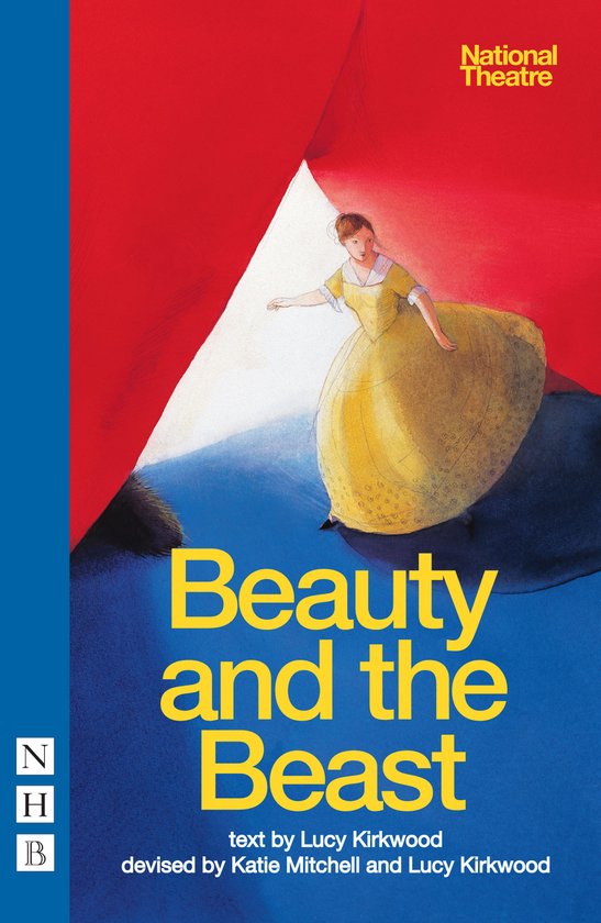Affiche avec le texte 'National Theatre Beauty and the Beast' et une illustration d'une femme en robe jaune.