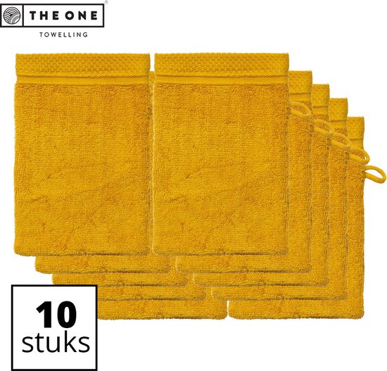 Set van 10 okergele washandjes met ophanglus.