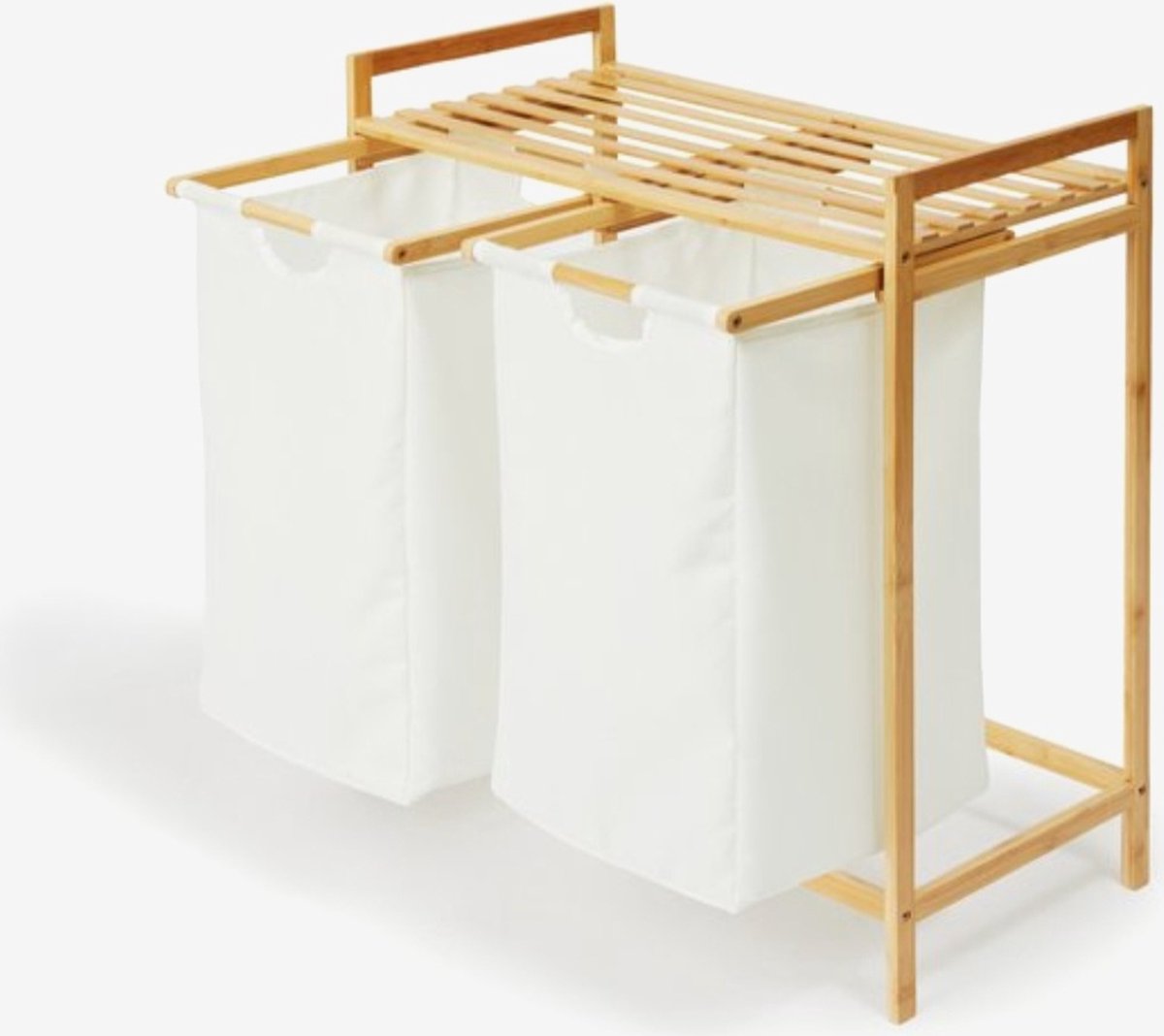 Sevva Home Bamboe Rek met Wasmanden - Polyester en Bamboe - Uitschuifbare Opbermanden met Deksel - Wassorteerbak 60 Liter - 2 Vakken - Voor Badkamer, Slaapkamer en Wasruimte - 64x 33x 73 cm