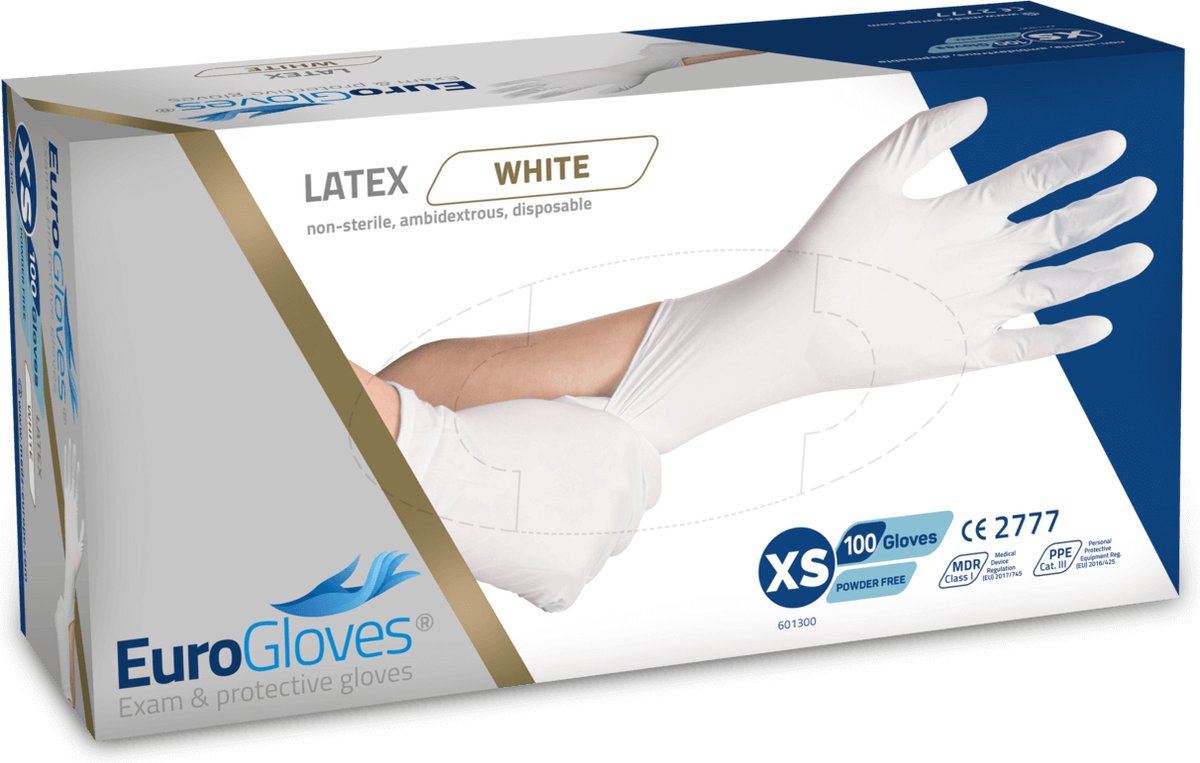 Goedkoopste Voordeelverpakking handschoenen 4 x Eurogloves latex poedervrij wit - XS 100 stuks