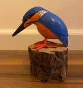 Handgemaakte houten ijsvogel op boomstam - klein - blauw,oranje