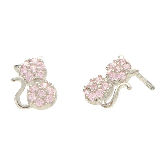 Boucles d'oreilles d'Oreilles Chat Rose La Rosa Princesa - Fermoir à Vis Argent Plaqué Rhodium