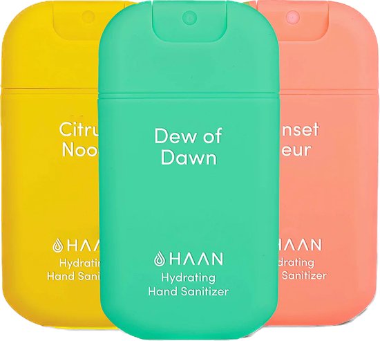 HAAN Hydrating Hand Sanitizer - Handzeep - Desinfecterend - 3pack mix Spray 30ml: Dew of Dawn/ Citrus Noon/ Sunset Fleur - Navulbaar