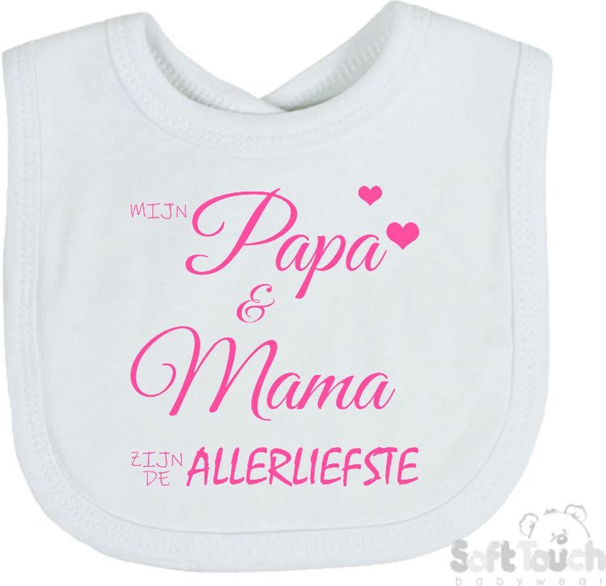 Goedkoopste Soft Touch Slabber Slabbetje Slab Mijn papa & mama zijn de allerliefste Unisex Katoen Wit/roze Maat 33x22 Cm