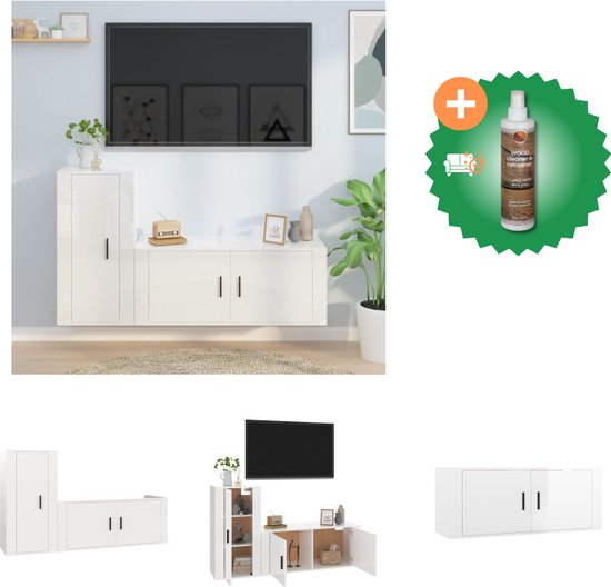 vidaXL 2-delige Tv-meubelset bewerkt hout hoogglans wit - Kast - Inclusief Houtreiniger en verfrisser