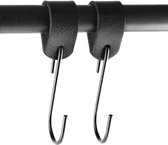 Brute Strength - Leren ronde S-haak hangers - Zwart - 2 stuks - 12,5 x 2,5 cm – Zwart zilver – Leer - handdoekhaakjes - Ophanghaken – kapstokhaak
